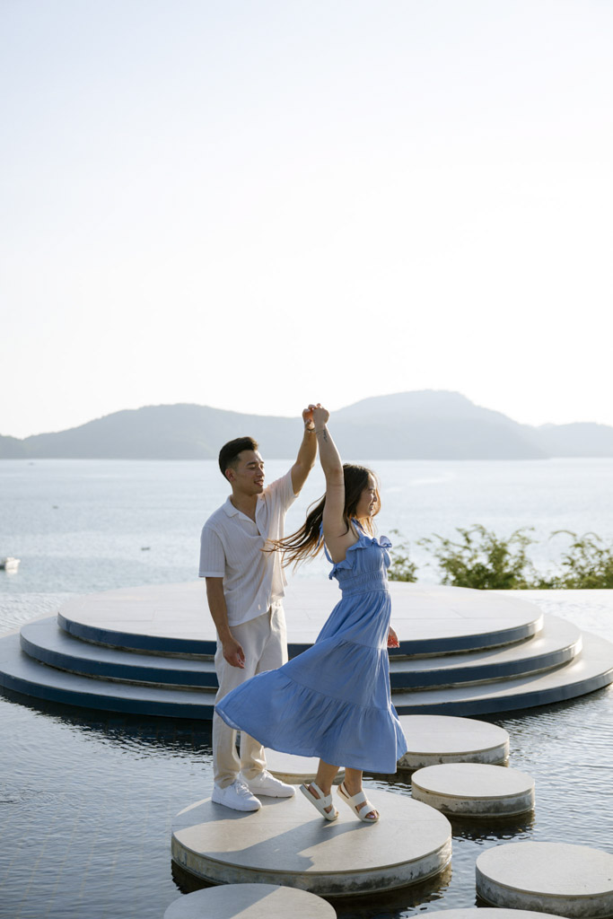 Phuket engagement photographer capturing a romantic luxury engagement photoshoot at Sri Panwa Phuket with ocean views and sunset couple moments